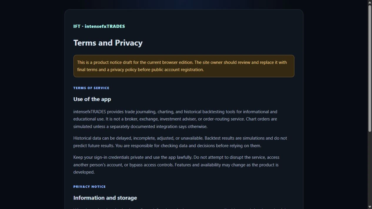 The in-app Terms and Privacy page showing a product notice draft banner, Terms of Service and Privacy notice sections
