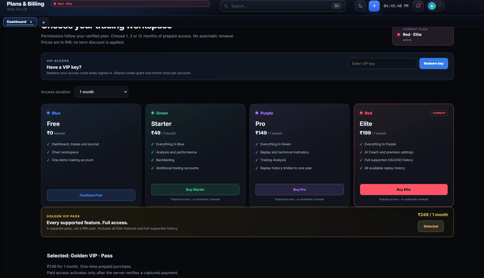 Plans and Billing page showing Blue Free, Green Starter, Purple Pro and Red Elite plans, a VIP key redemption box and the Golden VIP Pass