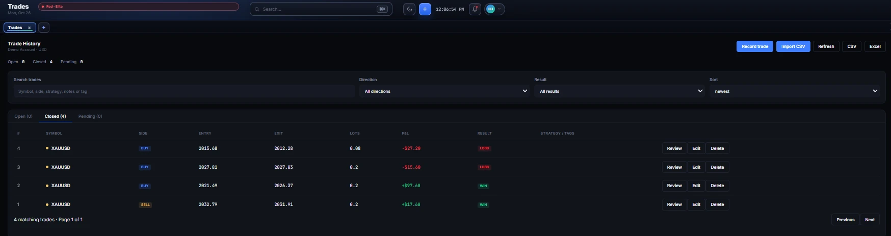 Trade History list with open, closed and pending tabs and search, direction, result and sort filters